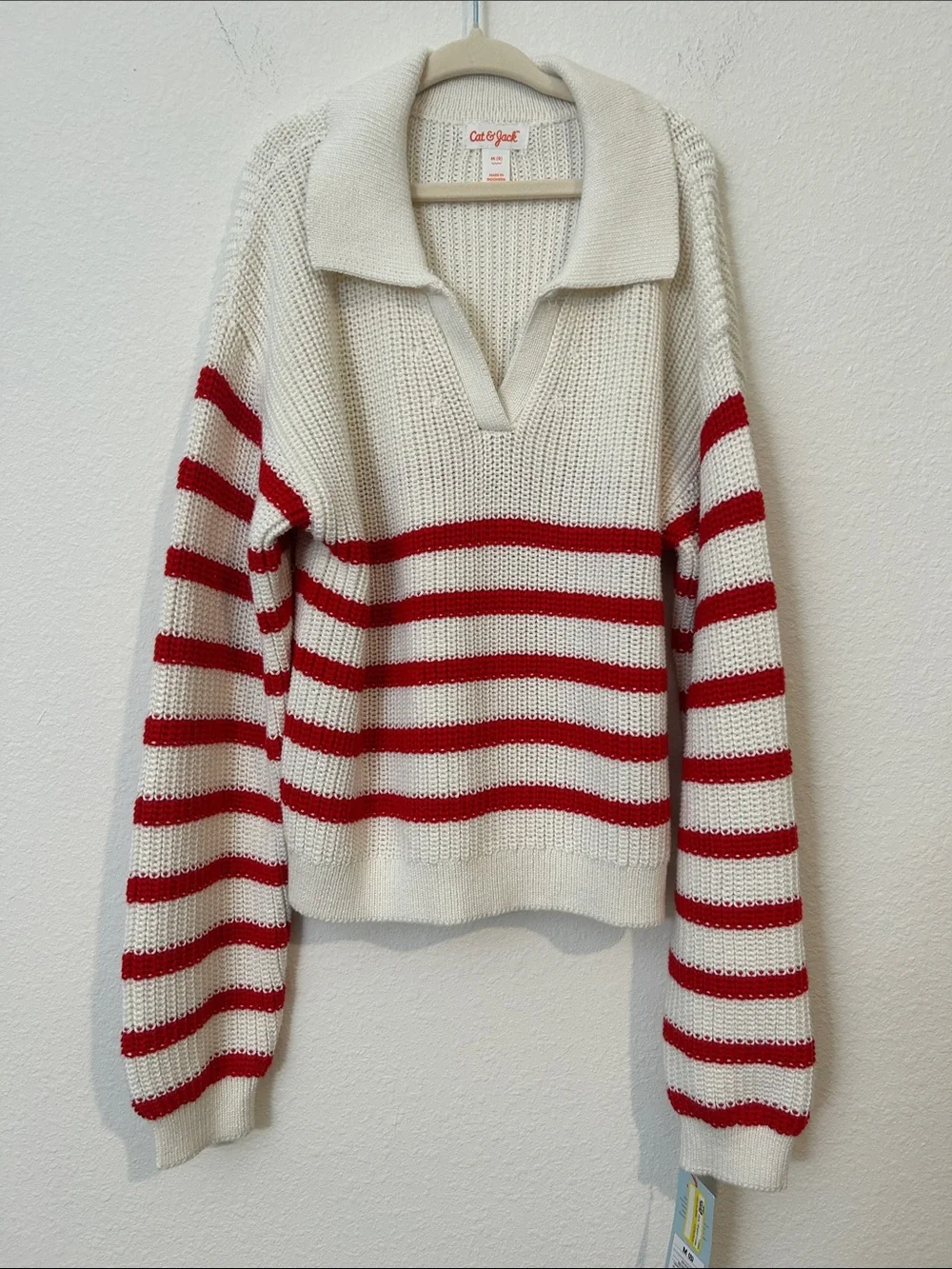 Cat & Jack Cream V-Neck Sweater with Red Stripes